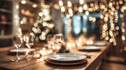 winter holidays and celebration concept - blurred lights and table served for christmas dinner party at home, no logos, no brands