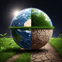 Global warming represented by Earth overlooking a divided landscape of thriving plants and parched earth, urging action.