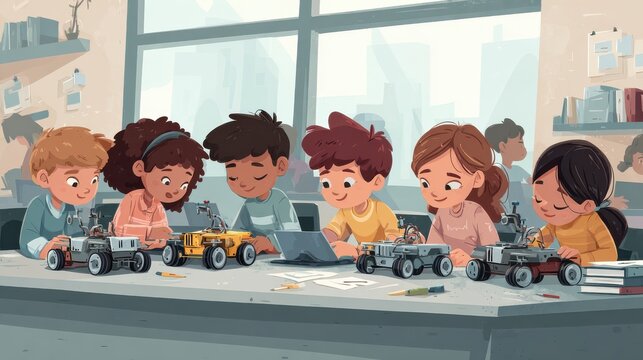Diverse school children students build robotic cars using computers and coding. Happy multiethnic kids learning programming robot vehicles sitting at table at STEM education science engineering class