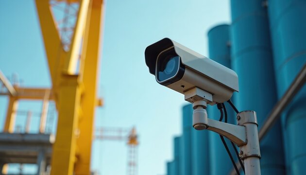 Outdoor surveillance camera mounted on pole monitors industrial site. Features yellow structures and blue cylindrical tanks in background under clear sky. Technology ensures safety and security.