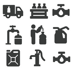 Water Transport Icons. Solid style icons of water transport and delivery: bottled water truck, delivery crate with bottles,