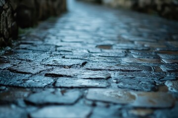 Rain falls softly on wet pavement creating reflections in a tranquil setting during a quiet moment, Rain falling on pavement in slow motion