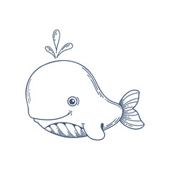 Cute whale and water splashes. Outline drawing in blue ink with slight shading. Funny cartoon character. Coloring book for children. Hand drawn vector illustration isolated on white background.