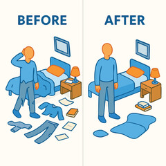 Colorful Illustration Before and After Cleaning Room Man Process