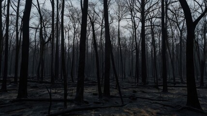 Fototapeta premium A dark and somber forest with bare trees and a ground covered in ash and charred remains of vegetation