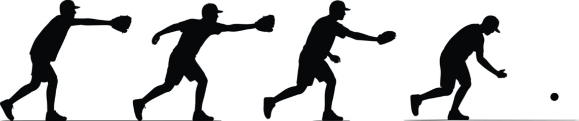 Baseball player silhouette collection, action pose icon set, black sport vector artwork, pitching batting catching running design, athlete graphic bundle