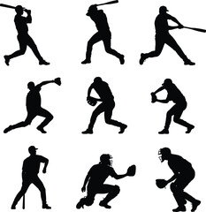 Baseball player silhouette collection, action pose icon set, black sport vector artwork, pitching batting catching running design, athlete graphic bundle