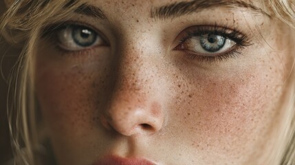 Close-up of a gorgeous young woman looking at the camera, showcasing natural beauty and simplicity