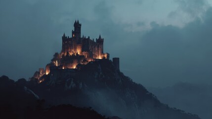 A towering gothic castle perched on a misty hill, illuminated by warm lights at twilight, creating a mysterious atmosphere.