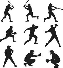 Baseball player silhouette vector set, action pose icon collection, batting pitching running catching graphics, sports illustration artwork bundle, black design