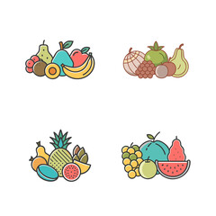 Four Colorful Fruit Arrangements on Black Background Featuring Pears Apples Bananas Grapes Watermelon and Pineapple