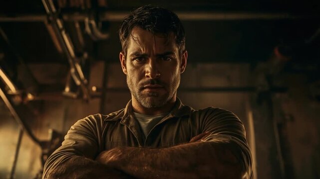 Intense Stare: Determined Man with Arms Crossed in Industrial Setting