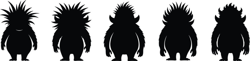 Black and white monster silhouettes, five creative characters, spiky hair, fantasy creature design, unique illustration, creepy graphic, Adobe Stock artwork