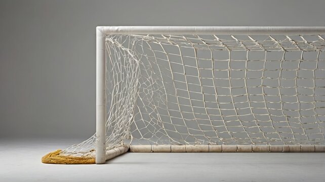 A close up view of a white soccer goal net with a yellow pad sitting on a gray background