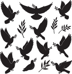 Obraz premium Dove with Olive Branch Silhouette Collection – Peace Symbol Vector Set