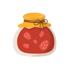 Homemade strawberry jam with bow and lid. Autumn food, cozy harvest, seasonal preserves, cartoon fall illustration