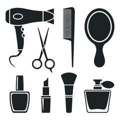 Hair Salon Tools Vector Illustration: Hair Dryer, Comb, Scissors, Mirror, Nail Polish, Lipstick, Makeup Brush, and Perfume Bottle for Beauty and Styling