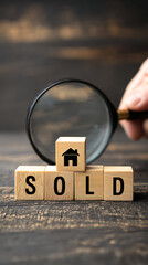 Wooden blocks spelling sold with house symbol under magnifying glass real estate home