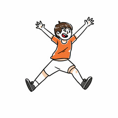 Joyful boy jumping with excitement in orange sports outfit  