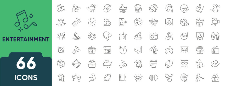 Entertainment, Hobby and Lifestyle Line Icon Set. Collection of 66 thin outline icons including music, movies, games, art, travel, and leisure. Editable stroke. Linear vector illustration.