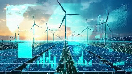 Futuristic view of wind turbines and solar panels with digital overlays at sunset, showcasing renewable energy and sustainable technology - Powered by Adobe