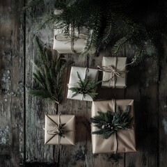 Rustic Christmas Gift Packaging: Elegant, Eco-Friendly Presents on Wooden Background