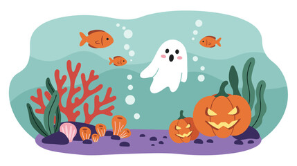 Underwater Halloween Scene with Ghost and Pumpkins