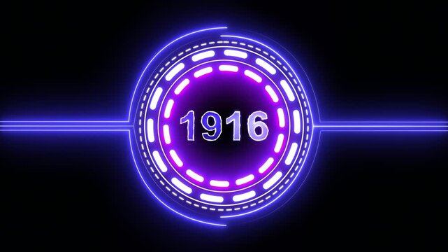 1916 text with screen effects of technological failures. Concept of counting years. Past year technology concept on black background.