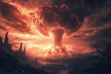 Nuclear explosion creates massive mushroom cloud over a desolate landscape at dusk, Incredible view of a nuclear explosion / mushroom cloud