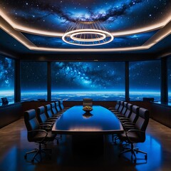 Celestial Conference Room: A futuristic boardroom, its ceiling and panoramic windows open onto a breathtaking depiction of the cosmos, embodying innovation and visionary leadership.