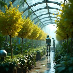 Artificial Being in Greenhouse: Two futuristic humanoids stand amidst a lush greenhouse, with rows of vibrant yellow-leaved trees under the transparent structure, a glimpse into a synthetic ecosystem.