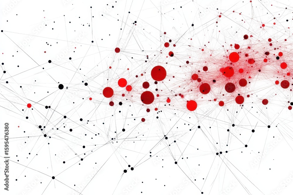 Poster exploring a complex network of connections illustrated by red dots and data processing elements, net