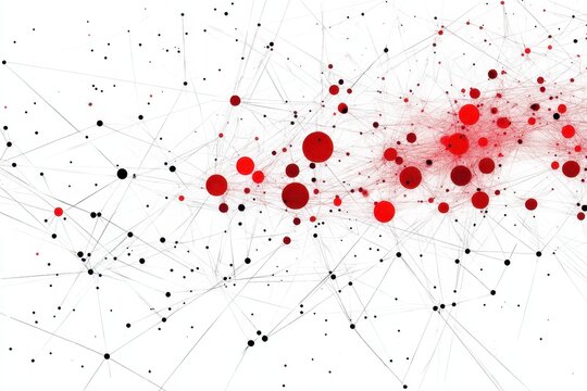 Exploring a complex network of connections illustrated by red dots and data processing elements, network of connections over red spots and data processing