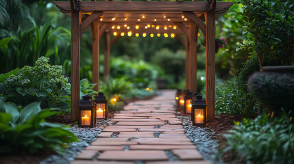 Romantic Garden Pathway with String Lights and Lanterns at Dusk