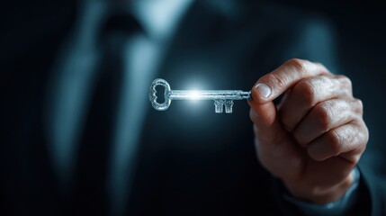 Close up image of business person holding shining key, no logos, no brands