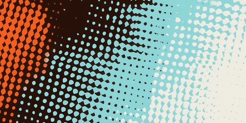 Colorful halftone pattern featuring orange, blue, and white dots on a dark background.