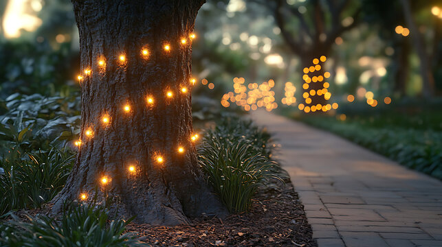 Magical Evening Pathway Illuminated by Fairy Lights Wrapped Around a Tree Trunk