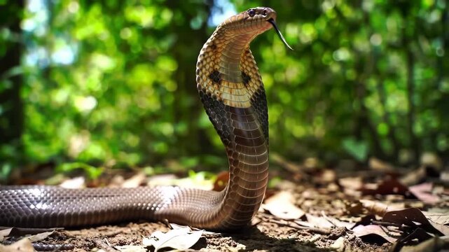 Majestic cobra raises its head in a lush, green forest setting