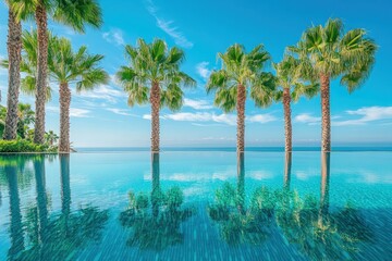 Fototapeta premium Reflecting palm trees in tranquil swimming pool under clear blue sky, The swimming pool water reflects the palm trees, an amazing natural landscape