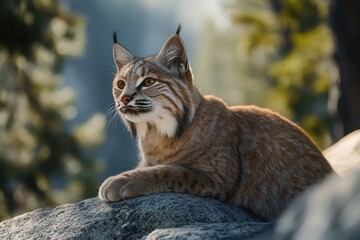 Obraz premium Wild bobcat relaxes on a rock in Yosemite National Park during late afternoon sunlight, Wild Bobcat in Yosemite National Park in California