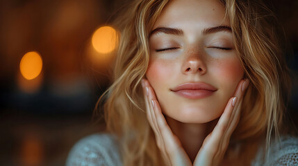 Fototapeta premium Serene Woman with Closed Eyes, Touching Face, Bokeh Background