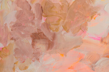 Art modern oil, acrylic smear blot canvas painting. Abstract neon pink, beige color stain brush stroke texture background.