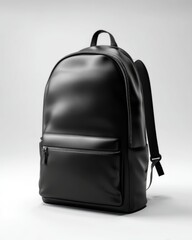 Side angle view of black leather backpack standing on white surface, styled for modern product photography