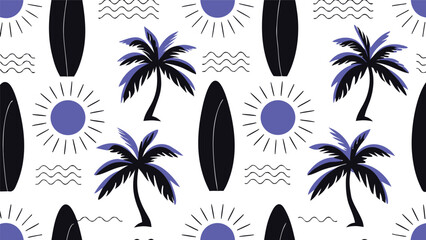 Tropical summer pattern with palm trees, surfboards, and sun illustrations
