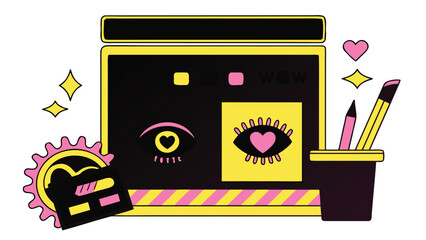 Colorful pop art website design with eyes, hearts, and stationery in pink and yellow illustration
