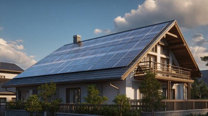 A house with solar panels on the roof under bright sunlight