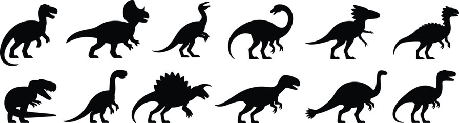 Dinosaur silhouette vector collection, prehistoric animal icon set, black creature graphic pack, extinct species illustration bundle, nature wildlife artwork design