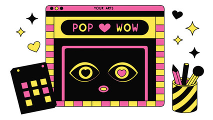 Colorful pop art style website design with eyes and stars in pink and yellow illustration
