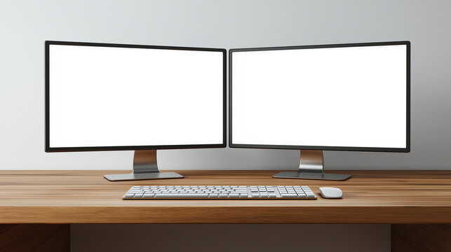 Two blank white computer screens on a wooden desk with keyboard and mouse monitor