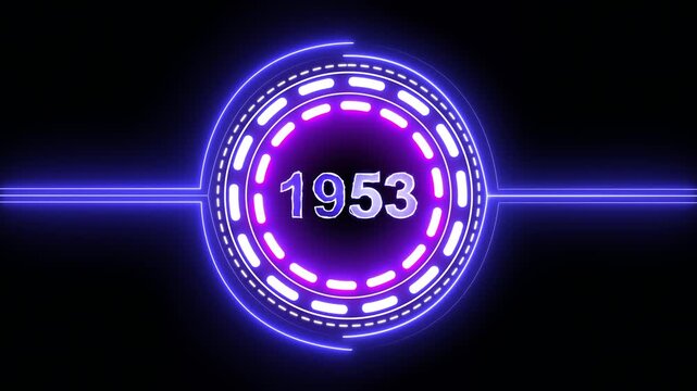 1953 text with screen effects of technological failures. Concept of counting years. Past year technology concept on black background.